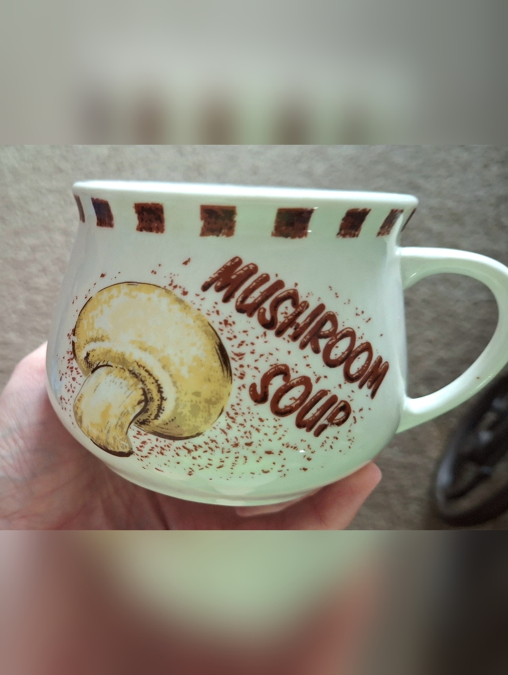 Source Unknown White Mushroom Soup Ceramic Mug with Brown & Yellow Design